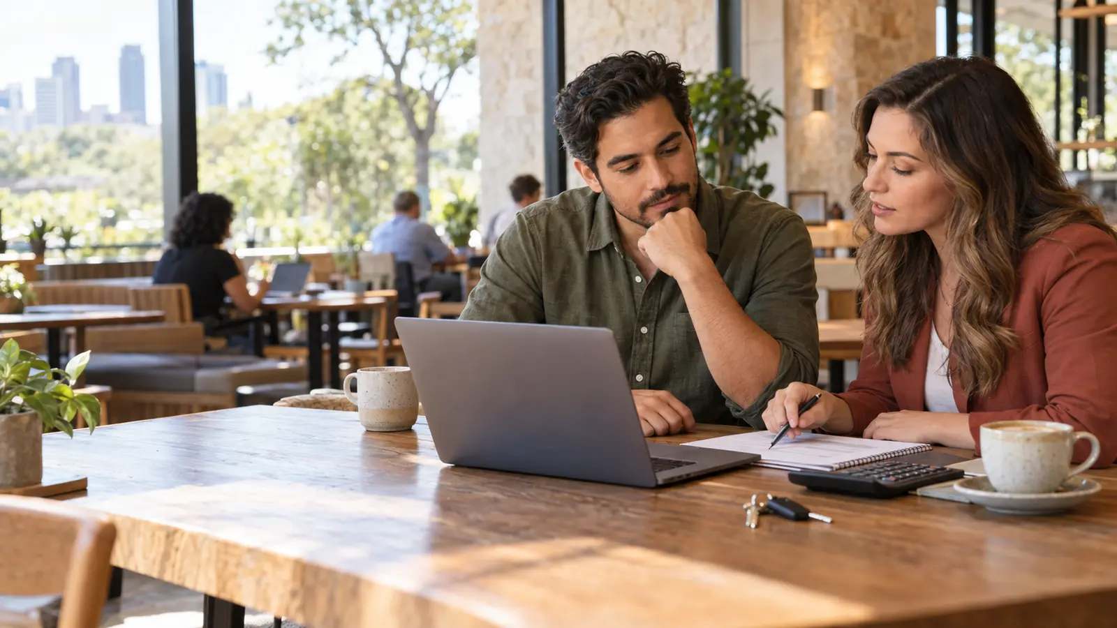 Austin homebuyer reviewing a home-purchase budget with a mortgage professional in a bright cafe.
