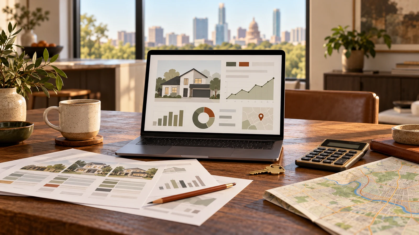 Laptop with an abstract home valuation dashboard beside comparative market analysis pages, a calculator, house keys and an Austin map.
