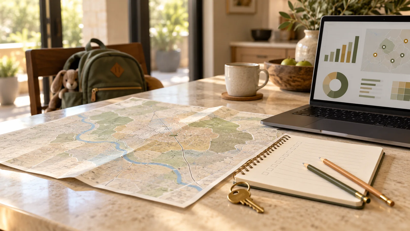 House keys, a city map, a school-planning checklist and a laptop with school data on a warm kitchen table.