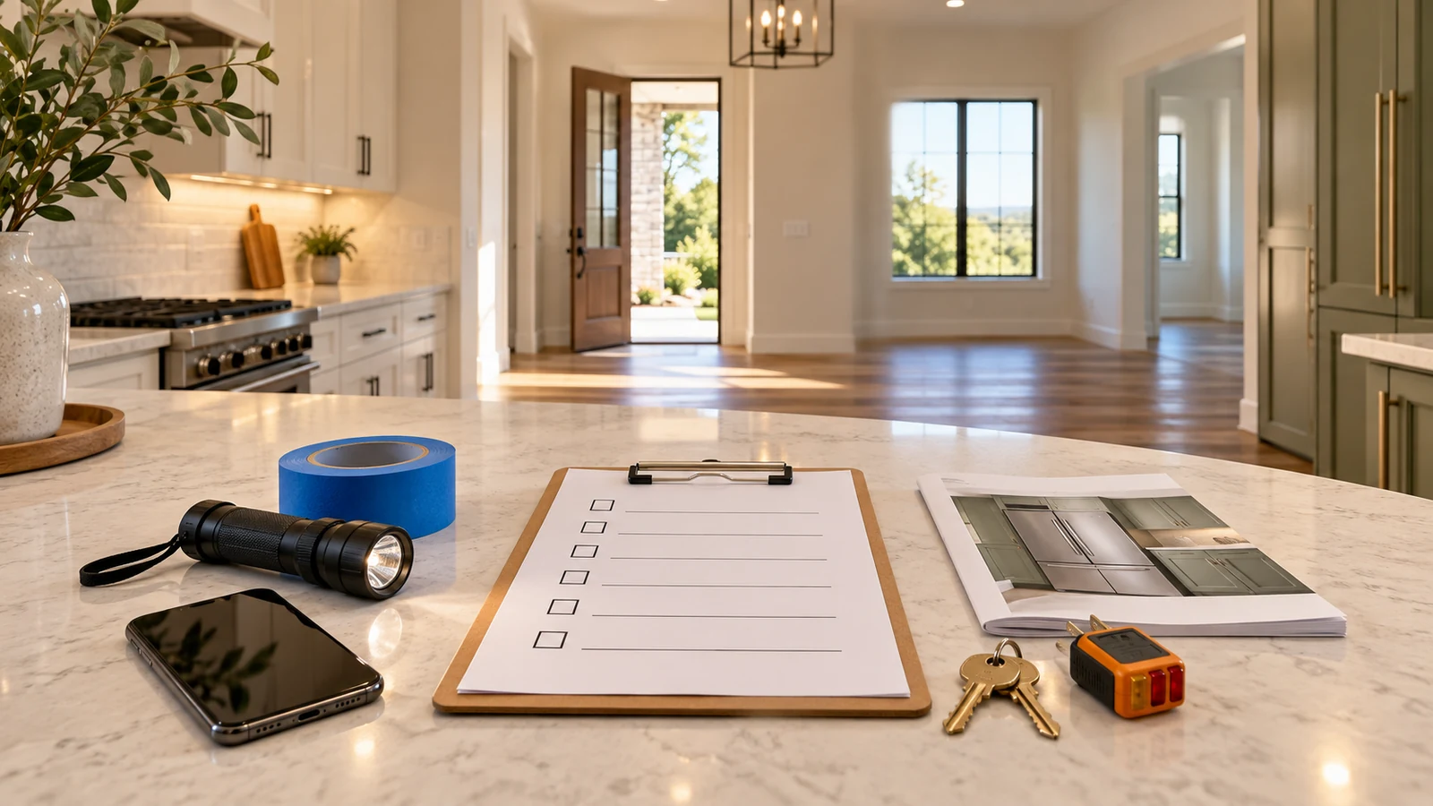 Final walkthrough checklist, flashlight, painter's tape, phone, outlet tester and house keys on a kitchen island in an empty home.
